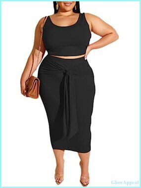 Plus Size 2 Piece Outfits Set Sleeveless Tank Top Bodycon Skirt Midi Dress,